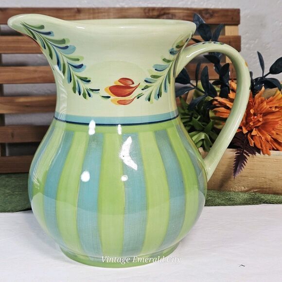 Vtg Large Provence Gail Pittman Water Pitcher Jug Flowers Green & Blue Stripes - Picture 1 of 12